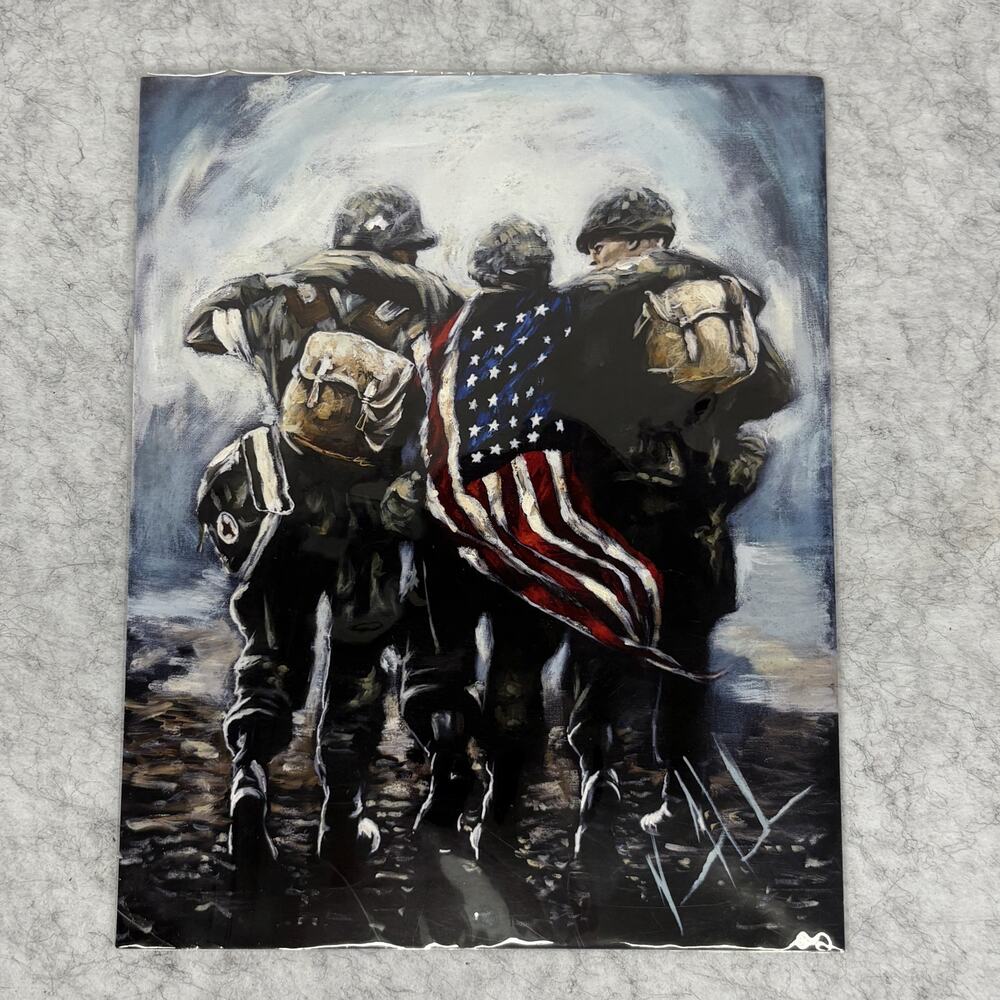 WWII Soldiers American Flag Art Print Patriotic Military Wall Decor 8x10